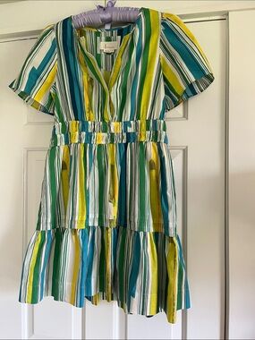 Anthropologie Striped V-Neck Mini Dress - Teal/Green/Yellow/White